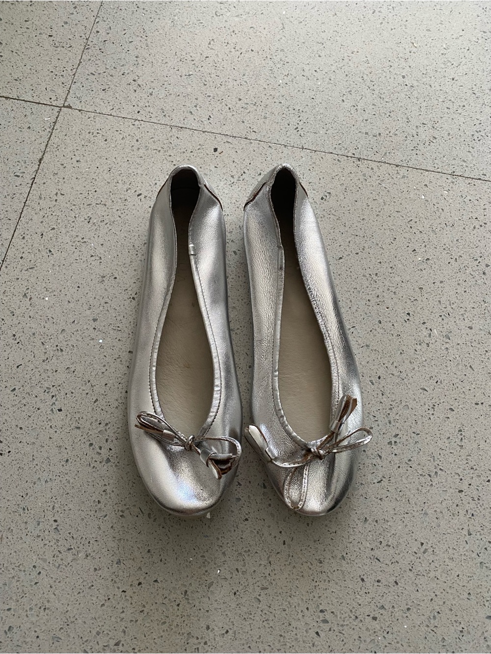 Metallic Silver Ballet Flats with Bow Accent